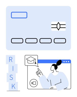 Kredi kartı grafiği, online öğrenme penceresi mezuniyet başlığı simgesi ve RISK kule blokları. Finans eğitimi, risk yönetimi, çevrimiçi eğitim, güvenlik ipuçları, dijital araçlar, fintech