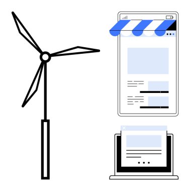 Rüzgar türbini, mobil mağaza önü ve dizüstü bilgisayar ekranı sürdürülebilir enerji ve çevrimiçi iş inovasyonunu temsil ediyor. Sürdürülebilirlik, teknoloji, e-ticaret, temiz enerji, yenilik, dijital