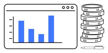 Tarayıcı penceresindeki çubuk grafik bozuk para yığınları ve kalemin yanında. Finans, iş, yatırım, ekonomi, veri analizi, büyüme stratejisi ve bütçe için ideal. Düz basit metafor