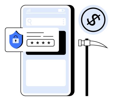 Dolar madeni para ve kazmanın yanında güvenlik kalkanı ve şifre alanı olan akıllı telefon ekranı. Siber güvenlik, çevrimiçi bankacılık, hack önleme, veri koruması, şifreleme, finansal uygulamalar için ideal