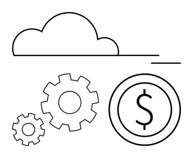 Bulut, bir dolar işaretinin yanında iki vites mekanizmasına bağlı. Teknoloji, yenilik, finans, ekonomi, süreç optimizasyonu, maliyet verimliliği, düz basit metafor için ideal