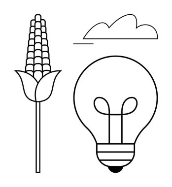 Çiçek açan bir kulağı, büyük bir ampulü ve çizgisel bulutu olan mısır bitkisi. Sürdürülebilirlik, tarım, yenilik, enerji verimliliği, çevre dostu teknoloji, yeşil tarım için ideal
