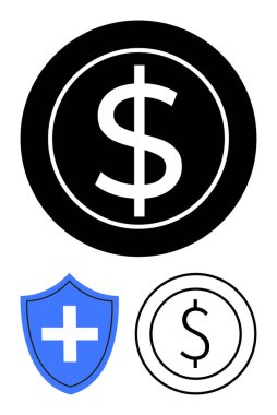 Tıbbi kalkan ve dolar simgesiyle birlikte siyah çemberde büyük, cesur bir dolar işareti. Para güvenliği, finans, tasarruf, yatırım, sağlık sigortası, ekonomi, evrensel sağlık hizmetleri için idealdir. Düz
