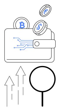 Bitcoin ve dolar bozukluklu dijital cüzdan, gelişmeyi gösteren büyüme okları, analizi sembolize eden cam büyütme. Finans, kripto para birimi, yatırım, teknoloji, büyüme ve analitik için ideal