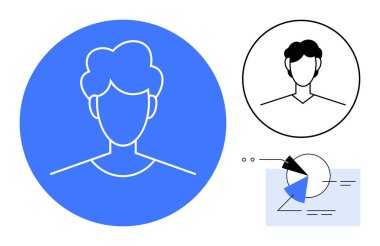 Kullanıcı profili, veri takibi, analitik ve kişiselleştirme özelliklerini temsil eden turta grafiği, ok ve veri çizgilerinin yanında mavi dairedeki bireyin basit anahatları. Teknoloji için ideal