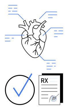 Etiketli veri noktaları, işaret sembolü ve imzalı reçete formuyla anatomik kalp. İlaç, sağlık teşhisi, tedavi, kardiyoloji, hasta bakımı ve teknoloji entegrasyonu için ideal