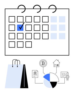 Vurgulanmış günlük alışveriş torbası finans ikonları içeren takvim pasta grafiği, kripto para birimi, ev, belge. Zamanlama, kişisel yönetim, alışveriş, finans, hedef belirleme yatırımları için ideal