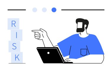 Dizüstü bilgisayarlı bir adam, yığılmış risk bloklarını işaret ediyor. Karar verme, risk yönetimi, analiz, iş stratejisi, problem çözme, beyin fırtınası, danışmanlık, soyut düz çizgi için ideal