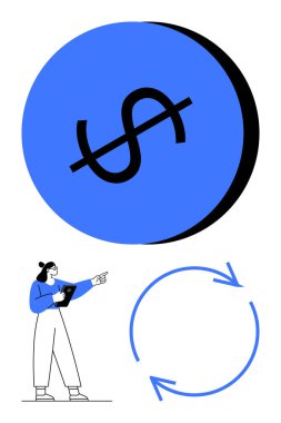 Tabletli bir kadın dairesel oklarla birlikte mavi çemberin içindeki dolar sembolünü işaret ediyor. Ekonomi, para akışı, bütçe kesintileri, para birimi devalüasyonu, mali kriz, borç döngüsü için ideal