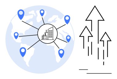 Mavi lokasyon iğneleri, büyümeyi simgeleyen yükselen oklarla bir dünya haritasını iş merkezine bağlıyor. Küreselleşme, ağ oluşturma, strateji, genişleme, büyüme, ticari etki yeniliği için idealdir. Düz
