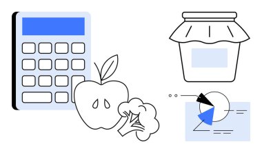 Hesap makinesi, elma, brokoli, korunmuş kavanoz ve veri tablosu sağlıklı beslenme, bütçe planlaması, yemek planlaması, kişisel mali beslenme eğitimi, market alışverişi ve gıda maliyeti analizini temsil etmektedir. Düz