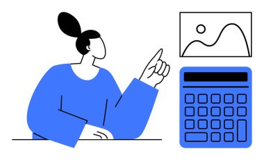 Hesap makinesinin yanında oturan bir kadın veri analizi, planlama ve finansal stratejiyi sembolize ediyor. Analiz, iş, finans, eğitim, strateji karar verme süreci için ideal