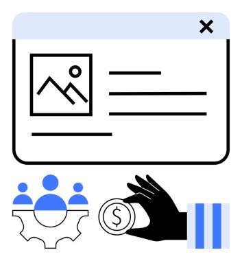 Web sayfası tasarımı, metin ve resim tutucu, takım çalışması vites ve el ele para. Takım çalışması, finans, tasarım, web geliştirme, e-ticaret, yatırım dijital için ideal