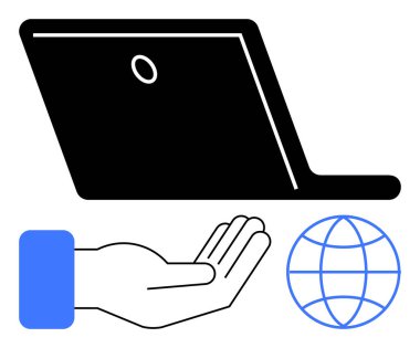 Dizüstü bilgisayar ve küreye uzanan eller küresel bağlantıyı, teknoloji erişimini ve destek sistemlerini sembolize ediyor. Teknoloji, bağlantı, küresel ulaşım, dijital güçlendirme, yenilik için ideal