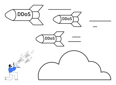 DDoS füzeleri kalkan kullanan bir kişi tarafından ele geçirilen bir bulut altyapısını hedef alıyor. Siber güvenlik, bulut koruması, internet tehditleri, dijital güvenlik, bilişim savunması, hackleme için ideal