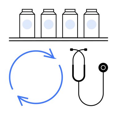 Stetoskop, dairesel geri dönüşüm okları ve rafta ilaç kavanozları. Sağlık, sürdürülebilirlik, tıbbi tedarik, ilaç, lojistik geri dönüşüm yenilikleri için idealdir. Düz basit