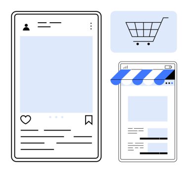 Çevrimiçi mağaza arayüzü, alışveriş arabası simgesi, kullanıcı etkinliği yanında sosyal medya düzeni. E-ticaret, sosyal medya entegrasyonu, dijital pazarlama, alışveriş deneyimi, kullanıcı etkileşimi için ideal