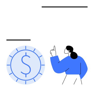 İnsan figürü, üzerinde dolar işareti olan büyük bir madeni paranın yanında el kol hareketi yapar. Değeri, gelişimi veya tasarruf planlarını ima eder. Finans, ekonomi, yatırım, iş bütçesi zenginlik piyasa stratejisi için idealdir. Düz basit