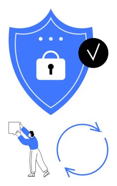 Kilitli ve işaretli kalkanlar güvenliği simgeler. Düzenleme ögesi ve dairesel oklar eylem ve sürekliliği simgeler. Güvenlik, siber güvenlik, organizasyon, iş akışı ve süreç için ideal