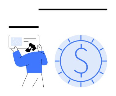 Dijital tabletteki verileri inceleyen kişi, maliyeyi temsil eden belirgin bir dolar işareti taşıyor. Para yönetimi, iş analizi, yatırım, dijital araçlar, ekonomi, tasarruf için ideal
