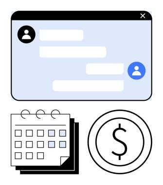 İletişim için sohbet penceresi, zaman çizelgesi için takvim ve para işaretleri verimliliği ve planlamayı gösteriyor. Takım çalışması, üretkenlik, bütçe, çevrimiçi araçlar, iş ve finans için ideal