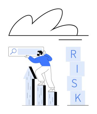 Çubuk grafiğe tırmanan adam, risk blokları ve bulutların yanında büyüteç tutuyor. Büyüme stratejisi, karar verme, analitik, yenilik, risk değerlendirmesi, iş çözümleri, soyut