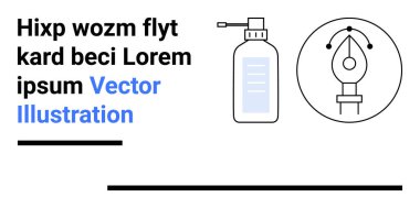 Metnin yanında kalem ucu simgesi ve dezenfektan şişesi olan modern kompozisyon. Tasarım, yaratıcılık, mesajlaşma, hijyen, eğitim, markalaşma, dijital pazarlama, basit iniş sayfası için ideal