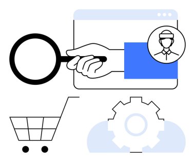 Büyüteç tarayıcı, alışveriş arabası ve vites sembolündeki kullanıcı profilini analiz ediyor. E-ticaret, HR sistemleri, işe alım, iş akışı, müşteri odağı, analitik düz metafor için ideal