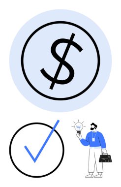 Çemberde dolar işareti, mavi işaret ve elinde ampul tutan biri. Finans, başarı, yenilik, fikirler, problem çözen iş büyümesi ve gelişimi için idealdir. Düz basit metafor