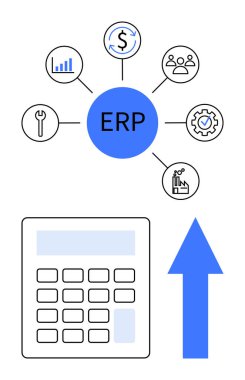 Finansı, analitiği, iş gücünü, imalatı, bakımı, kaliteyi bağlayan ERP sistemi. Hesap makinesi ve yukarı doğru ok içerir. İş için ideal, yönetim stratejisi büyüme optimizasyonu
