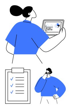 Tabletteki verileri analiz eden kadın, tamamlanmış görevleri olan kontrol listesi, fikirleri düşünen adam. Takım çalışması, verimlilik, strateji, analitik, organizasyon dijital işbirliği için ideal. Düz