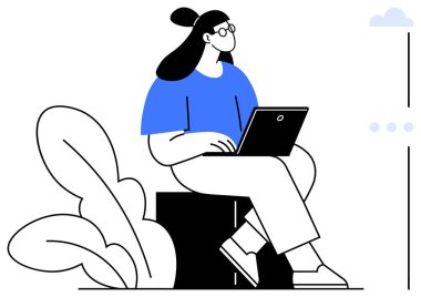 Dizüstü bilgisayarda çalışan gözlüklü bir kadın, bir blokta oturuyor. Soyut yapraklar ve bulut aksanları. Uzaktan çalışma, teknoloji, verimlilik, odaklanma, minimalizm doğa modern yaşam tarzı için idealdir. Düz