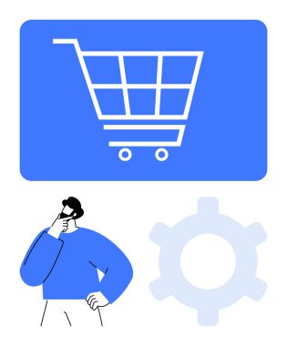 El arabası ikonu ve teçhizatı olan bir adam e-ticaret stratejisini ve teknolojik bütünleşmeyi sembolize ediyor. İş için ideal, pazarlama, e-ticaret, strateji, teknoloji, planlama iş akışı. Düz basit