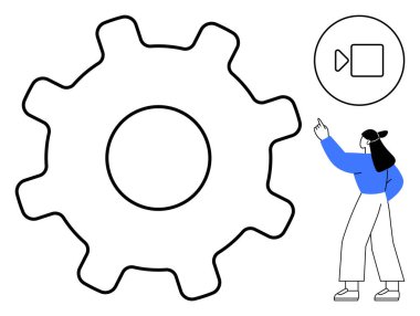 Ayarları temsil eden büyük dişli, video oynatma simgesi, ve bir kişi işaret ederek, yapılandırma ve kişiselleştirmeyi öneriyor. İş akışı optimizasyonu, takım işbirliği, teknik kurulum için ideal