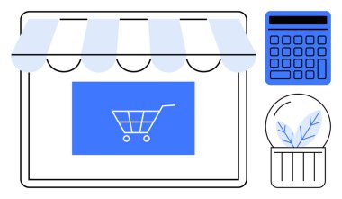 Çizgili tepe örtüsü, alışveriş arabası ikonu, hesap makinesi ve saksı bitkisi olan bir dükkan. Ekommerce, perakende, satış, bütçe pazarlama stratejisi modern iş için idealdir. Düz basit metafor