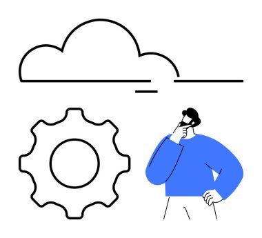 Büyük bulut ve teçhizatın yanında düşünceli duruş, fikirleri, yeniliği, bulut hesaplamasını, teknolojiyi ve karar vermeyi sembolize ediyor. İş, teknoloji ve yaratıcılık planlaması için ideal.