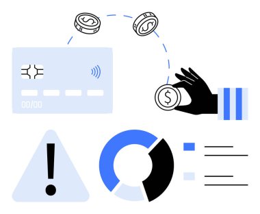 Kredi kartı, el ele tutuşan madeni paralar, çizelgeler ve uyarı işareti finans kavramlarını betimliyor. Dijital ödeme, işlem güvenliği, mali analiz, fintech çözümler, veri içgörüleri bankacılık için ideal