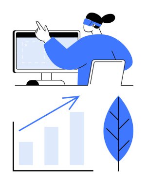 VR kulaklıklı biri ekranla etkileşime geçiyor. Büyüme grafiği, gelişimi sembolize eden ok, sürdürülebilirlik için yaprak. Teknoloji, araştırma, yenilik, veri analizi ve ekoloji için ideal