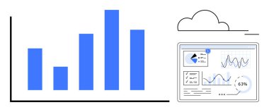 Bulutla bağlantılı bir analitik platformun yanında grafik ve içgörü gösteren büyüme ölçümlerini gösteren çubuk çizelgesi. Veri analizi, iş zekası, bulut hesaplaması, metrik izleme, büyüme için ideal