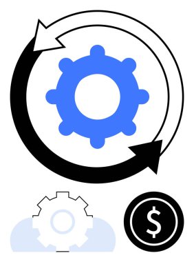 İş akışını gösteren oklarla çevrelenmiş merkezi dişliler, finansal odak için dolar işareti, ışık bulutu ima sistemleri veya yenilikler. Süreç, ekonomi, teknoloji, ilerleme, optimizasyon için ideal