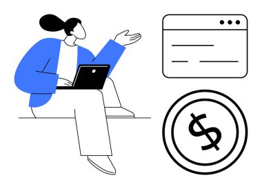 Dizüstü bilgisayar tutan kadın, arayüz penceresine ve dolar işaretine doğru hareket ediyor. Finans, dijital araçlar, iş, bankacılık, çevrimiçi ödeme, bütçe ve yatırım için ideal. Düz basit metafor