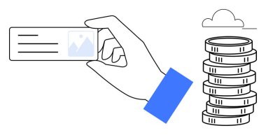 Bozuk para ve bulut yığınının yanında el ele tutuşan kimlik kartı. Finans, kimlik doğrulama, bulut çözümleri, güvenlik, veri depolama, bankacılık, kişisel bilgiler için ideal. Düz basit metafor