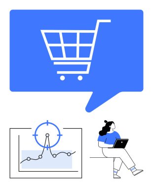 Konuşma balonunda mavi araba, hedef odaklı grafik, dizüstü bilgisayarı olan kadın. E-ticaret, pazarlama, veri analizi, perakende büyüme, dijital eğilimler, iş stratejisi soyut düz metafor için ideal