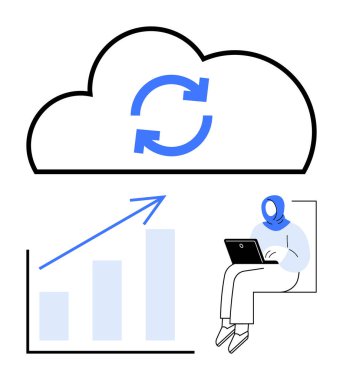 Senkronize oklu bulut, yukarı doğru büyümeyi gösteren çizelge, uzaktan çalışmayı sembolize eden dizüstü bilgisayarı olan kişi. Bulut hesaplama, veri senkronizasyonu, iş büyümesi, uzaktan çalışma, teknoloji, yenilik dairesi için ideal