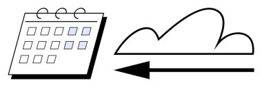 Buluta işaret eden okun yanında işaretli tarihleri olan takvim. Planlama, programlama, bulut desteği, bulut depolama, zaman yönetimi, veri göçü ve teslim tarihleri için ideal. Düz basit metafor