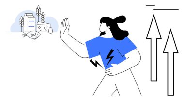 Gömleğinde yıldırım simgesi tutarken süt, peynir ve balığa hayır diyen bir kadın. Yukarıdaki oklar ilerlemeyi, sağlığı, başarıyı ve sürdürülebilir yaşamı gösteriyor. Diyet ve enerji için ideal