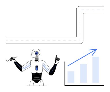 Robot kalem tutuyor ve yol kıvrımının yanındaki büyüme tablosuna doğru hareket ediyor. Teknoloji için ideal, yapay zeka yeniliği, veri analizi, robot bilimi, strateji, karar verme, ilerleme. Düz basit