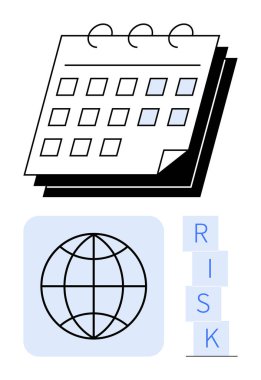 Vurgulanmış tarihli takvim, küresel kapsamı temsil eden dünya ve istiflenmiş RISK blokları değerlendirme, strateji ve öngörüyü sembolize ediyor. Yönetim, planlama, küresel iş ve risk için ideal