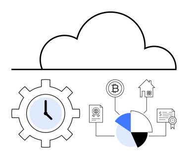 Teçhizatlı ve saati olan bulut, pasta grafiği, kripto para birimi, gayrimenkul, belge simgeleri bağlantılı. Teknoloji, finans, engelleme zinciri, veri yönetimi bağlantı yeniliği için ideal düz metafor