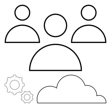 Takım çalışmasını, bağlantıyı ve teknolojik işbirliğini temsil eden bulut ve dişli simgelerinin üzerindeki kullanıcı profilleri. Ağ, bulut hesaplama, takım çalışması, yazılım, yenilik, iş akışı için ideal